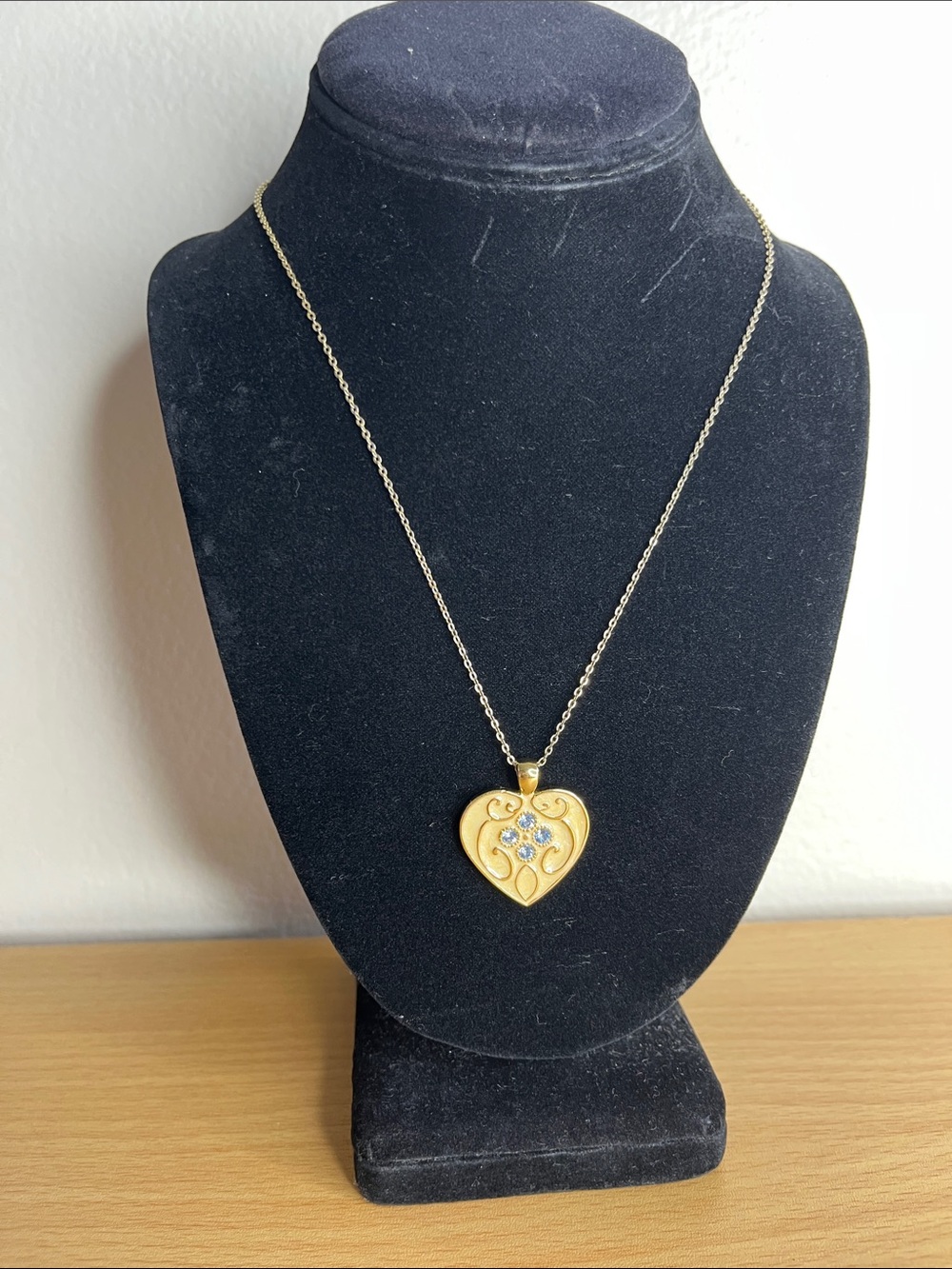 Gold Heart Pendant Necklace with Blue Crystal Accents